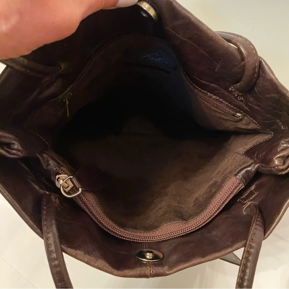 FALOR ITALY SHOULDER BAG TOTE BROWN LEATHER CROCO LOOK 2 STRAP SNAP CLOSE
